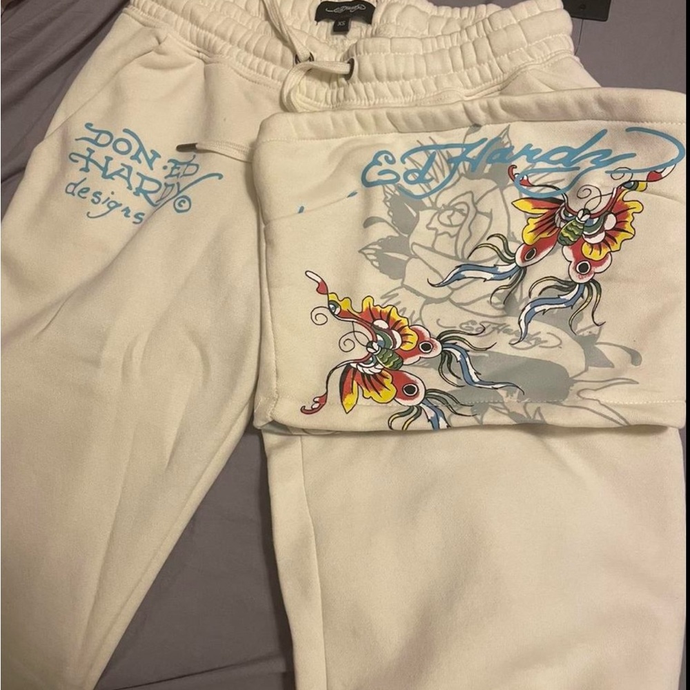 Ed Hardy White Sweatpants with Vibrant Tattoo Art